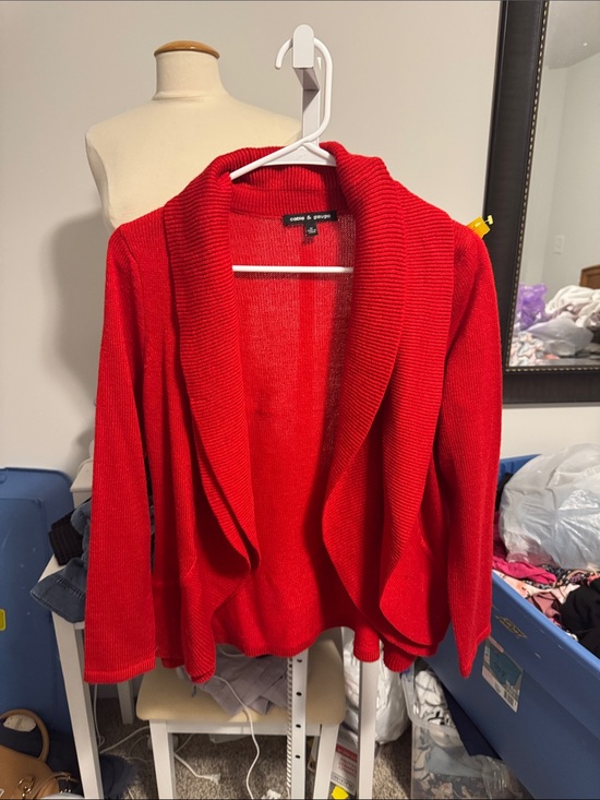 Cable & Gauge Sweaters - Cable & Gauge Red Draped Open-Front Cardigan